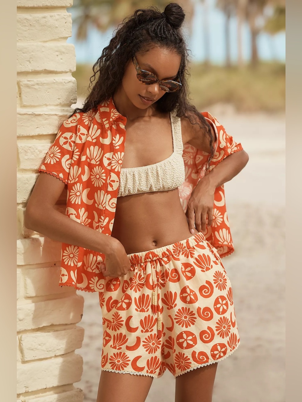 Farm Rio x Anthropologie Tie Tassel Waist Linen Blend Pull On Shorts Cream Red